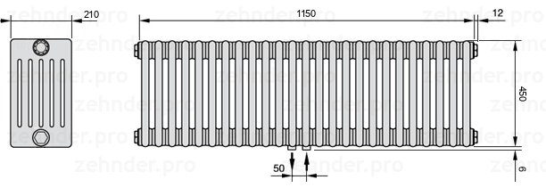 Схема (чертеж) Радиатор Zehnder Charleston 6045/25 №5410 Белый глянцевый RAL 9016